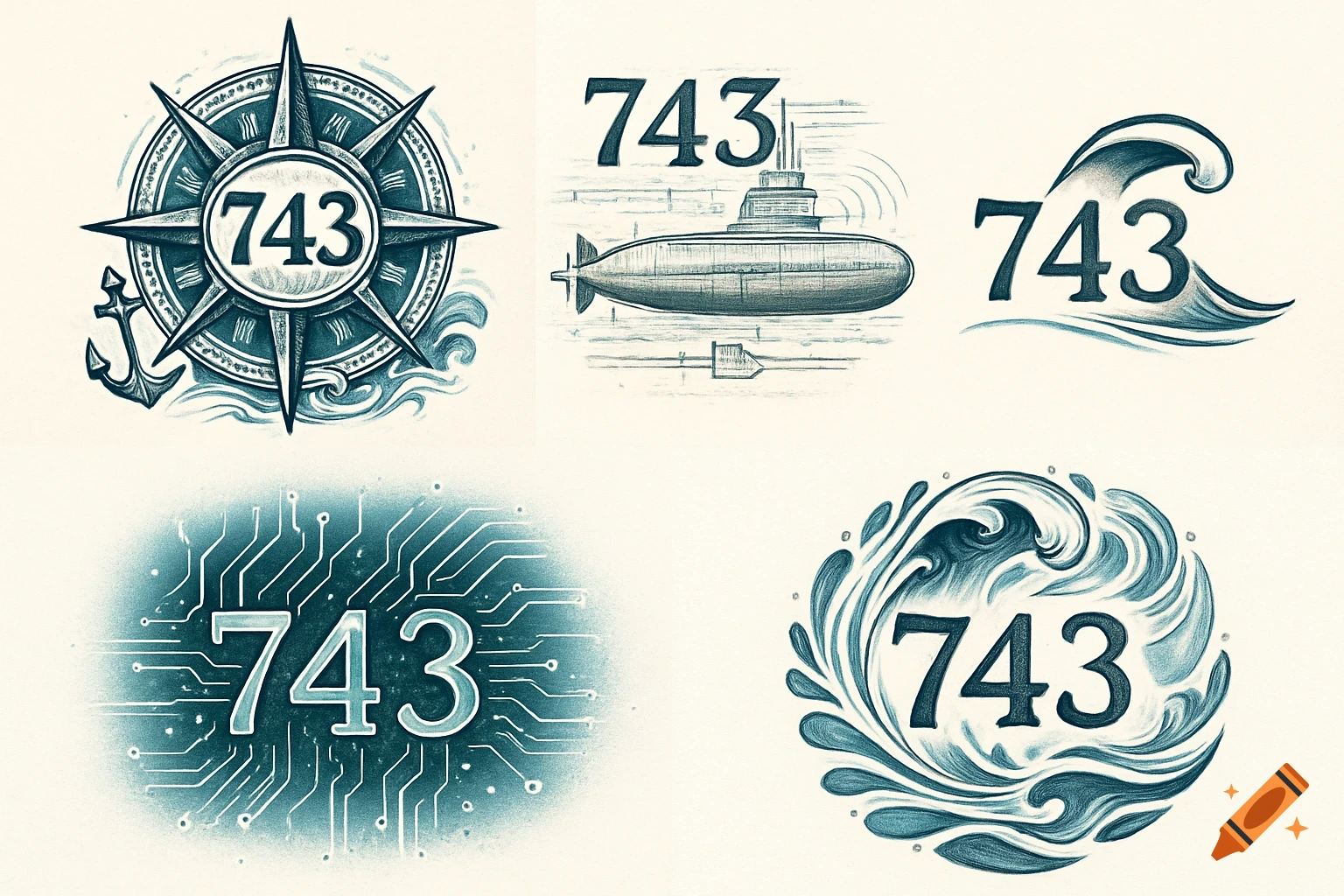 Five blue and white sketch tattoo designs for the number 743, incorporating nautical, submarine, wave, and circuit board themes.