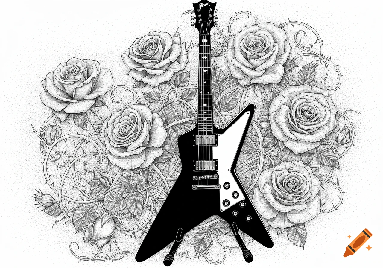 A black and white drawing of a Gibson Explorer electric guitar standing amidst a cluster of detailed roses and thorny vines.
