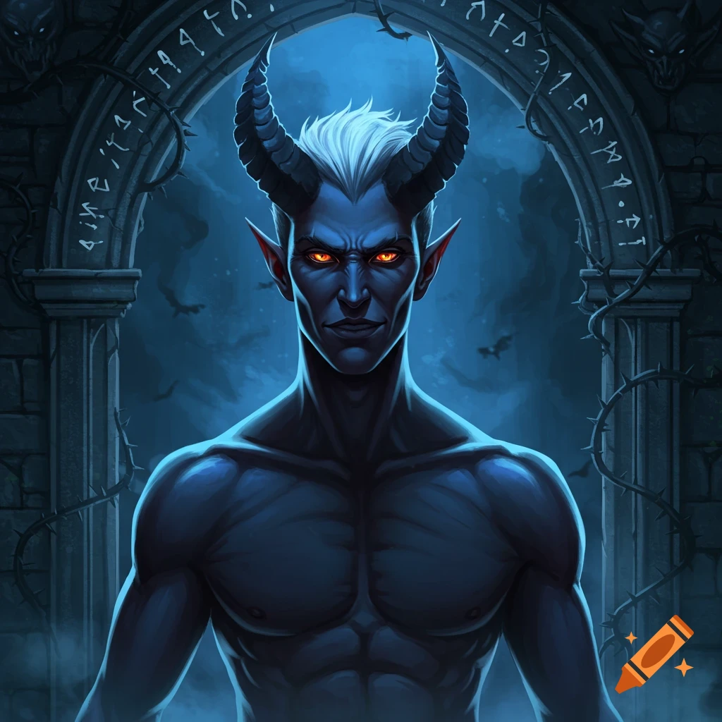 A blue-skinned devil with white hair, horns, and glowing orange eyes stands in a dark archway with runes.