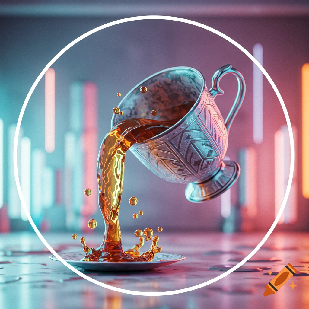 An ornate silver cup spills amber liquid onto a saucer, creating splashes, set against a neon-lit futuristic background.