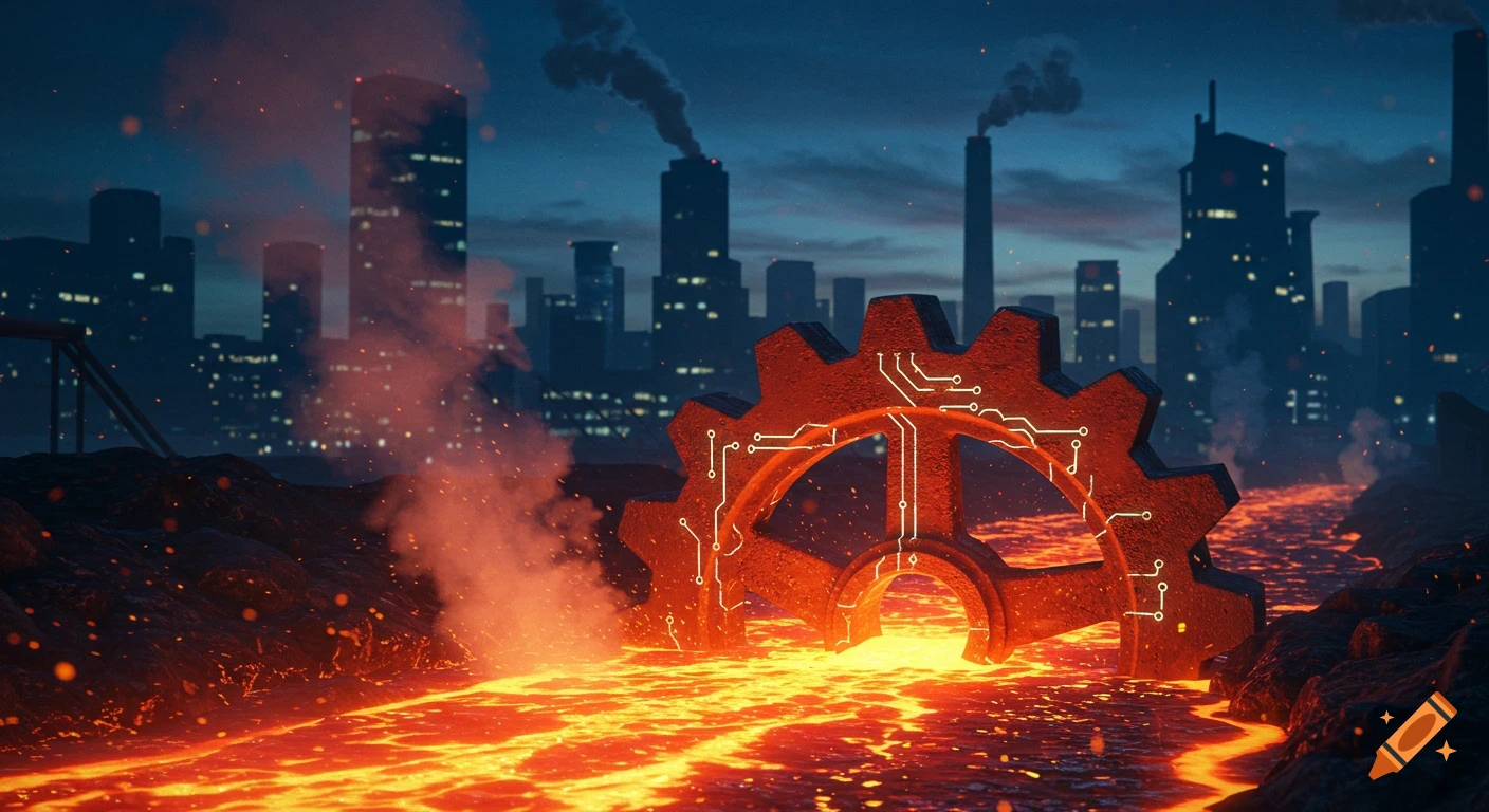 A massive, glowing gear with circuitry patterns sits in a river of molten lava, with a dystopian city skyline and smoking factories in the background at dusk.