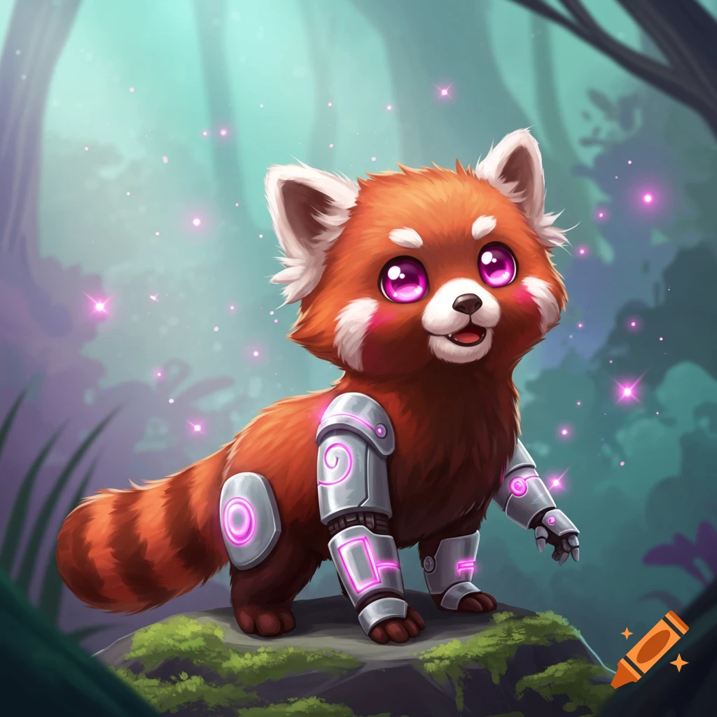 A cute red panda with hot pink eyes and cyborg armor stands in a magical forest with glowing pink particles, in My Little Pony style.