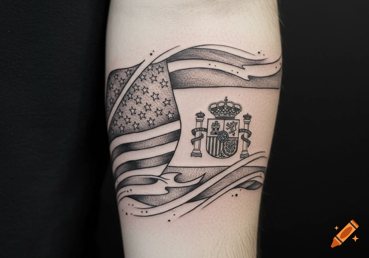 Black and white linework tattoo combining the waving United States flag and the Spanish flag with its coat of arms, on an arm.