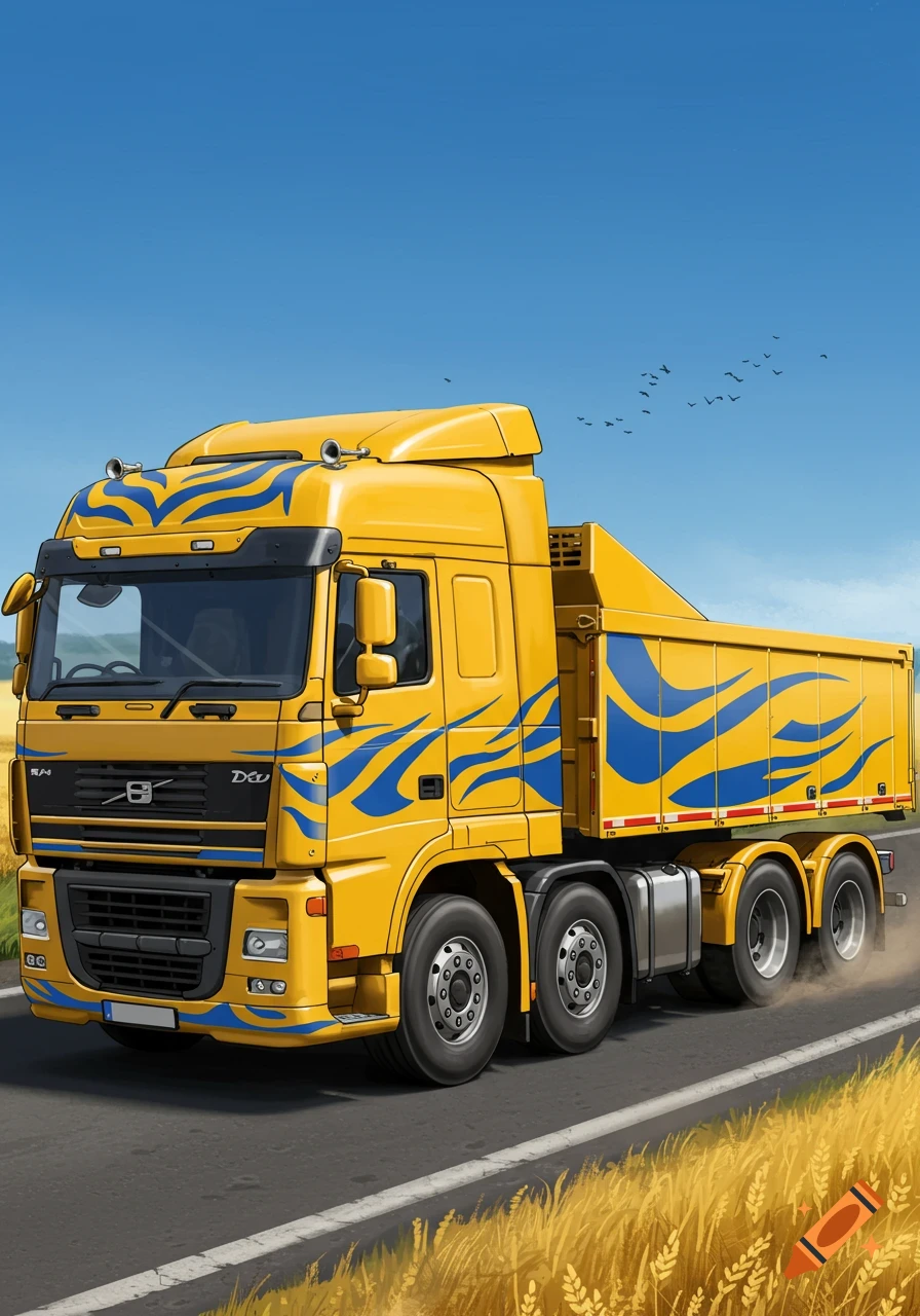 A bright yellow semi-truck with blue wavy patterns drives down a road next to golden fields under a clear blue sky.
