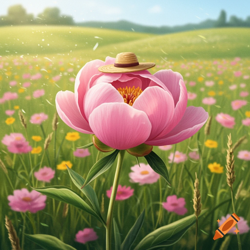 A close-up of a pink peony wearing a straw hat, standing tall in a vibrant green field filled with smaller flowers under a bright sky.