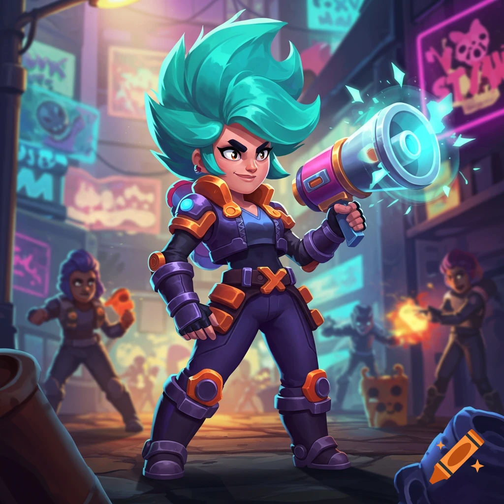 A colorful cartoon character with teal spiky hair in a futuristic city, holding a glowing megaphone weapon.