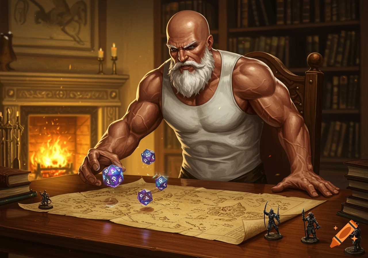 A muscular bald man with a white beard wearing a white vest rolling D&D dice onto a fantasy map on a wooden table, with miniature figures.