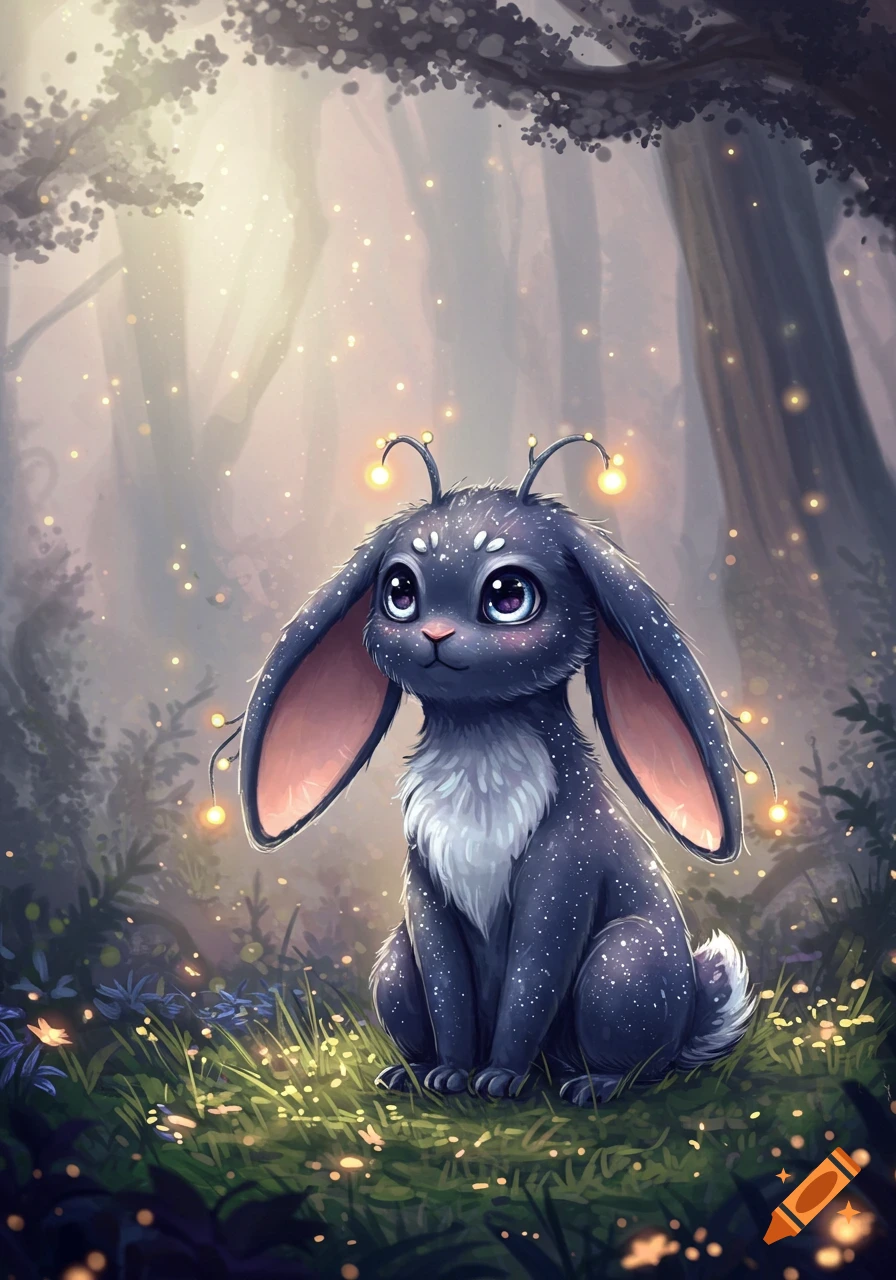 A cute, dark blue fantasy creature with large ears and glowing antennae sits in a magical forest illuminated by fireflies.