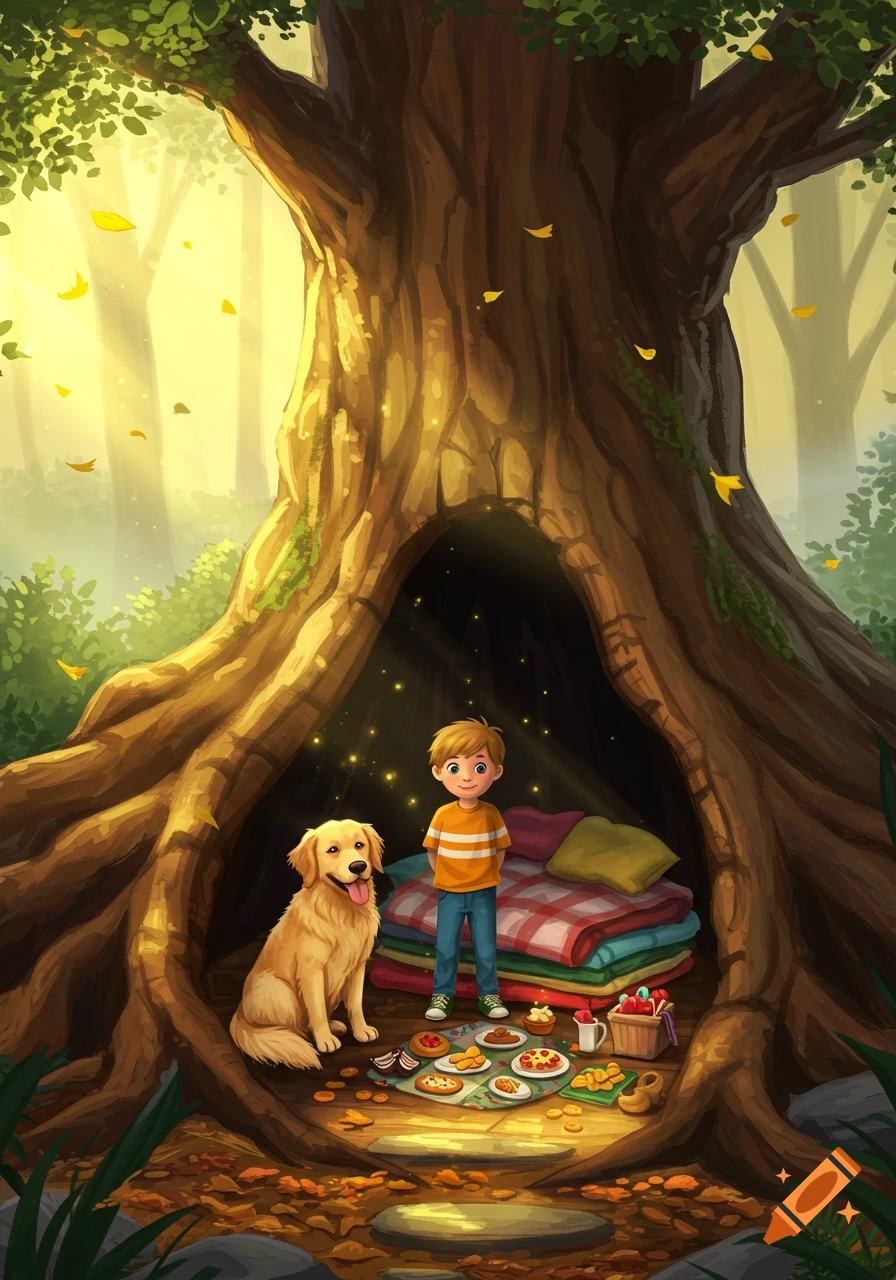 A happy boy and his golden retriever sit inside a magical hollow tree hideout with blankets, pillows, and snacks, in a sun-dappled forest.
