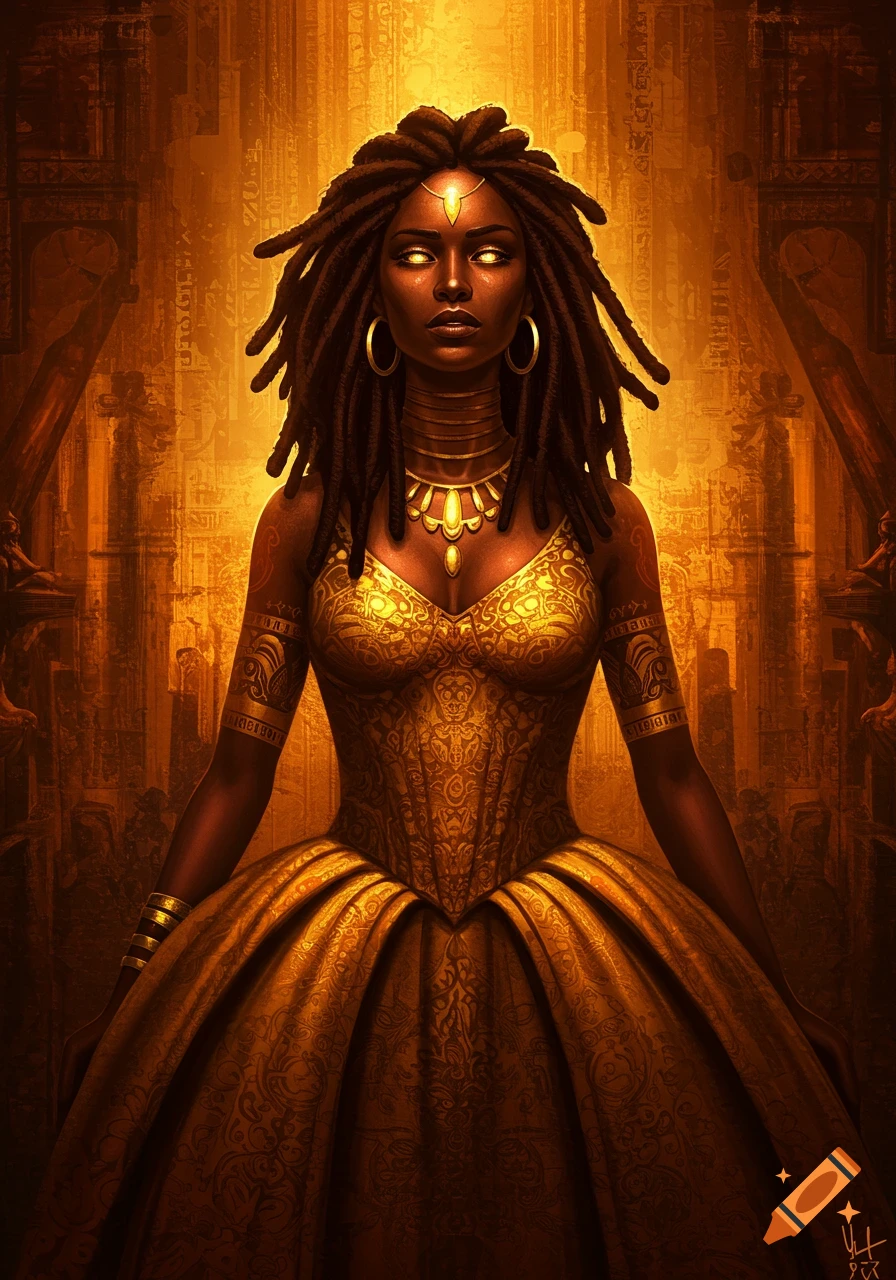 A regal portrait of a dark-skinned woman with glowing golden eyes and dreadlocks, wearing an ornate golden ball gown and jewelry, against a rich golden background with ancient Egyptian-like architecture.
