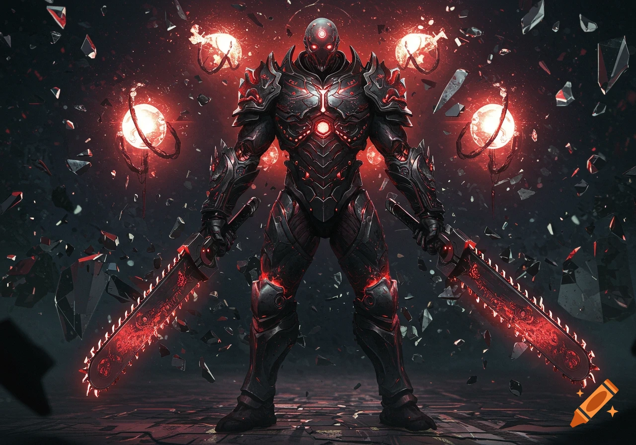 A towering cyber-warrior in glowing black and red armored suit holding two large red chainsaw swords amidst shattered debris.