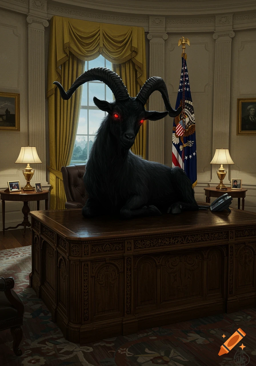 A sinister black goat with glowing red eyes sits on a large wooden desk in a grand office resembling the Oval Office.