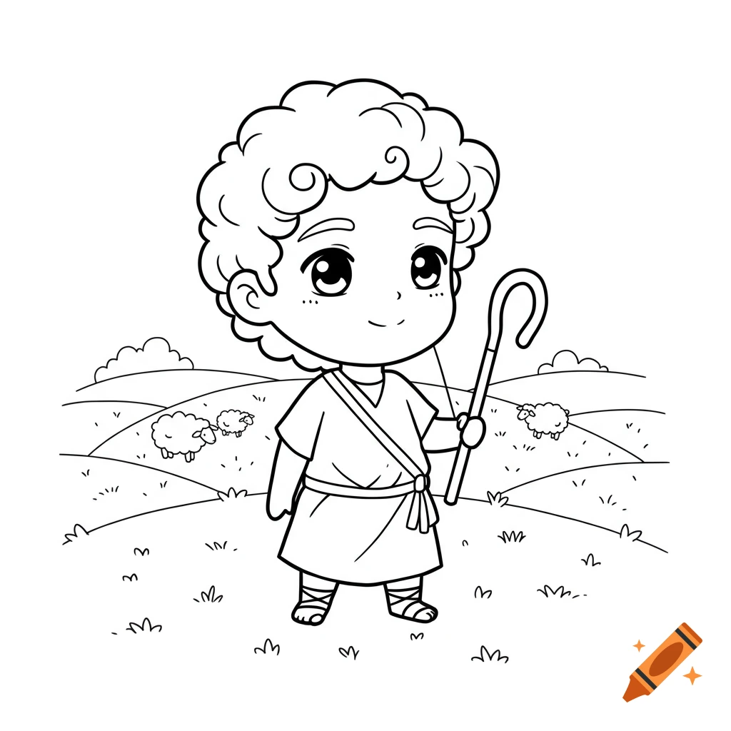 Chibi line art of a shepherd boy with a staff in a field with sheep.