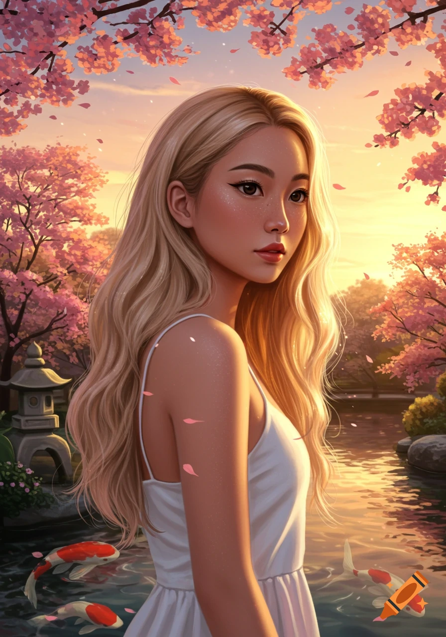 Digital art portrait of a blonde Asian girl in a white dress, standing in a Japanese garden with pink cherry blossoms, a pond, and koi fish.