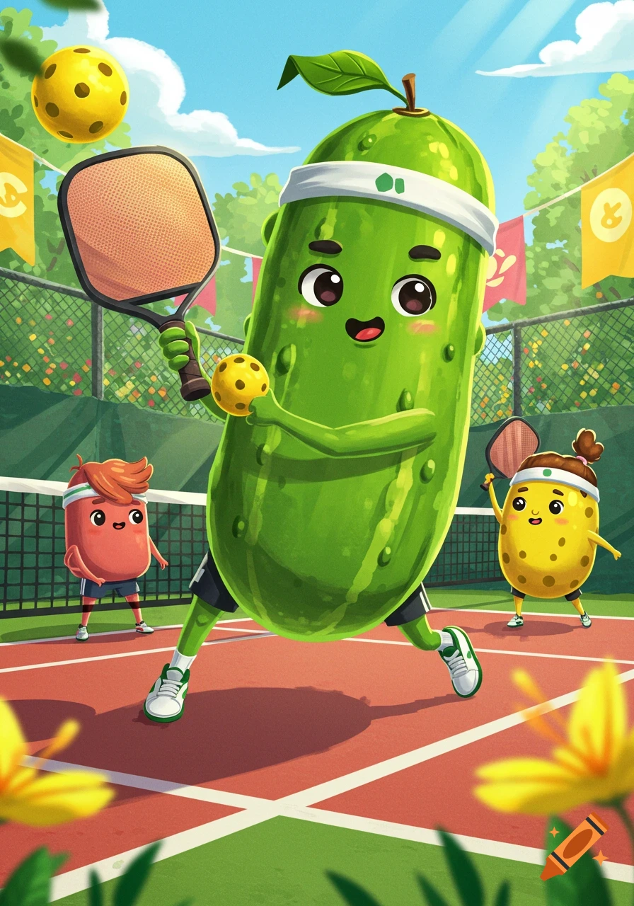 A cute cartoon pickle character plays pickleball on a court with other fruit and vegetable characters, in a bright, colorful illustration.