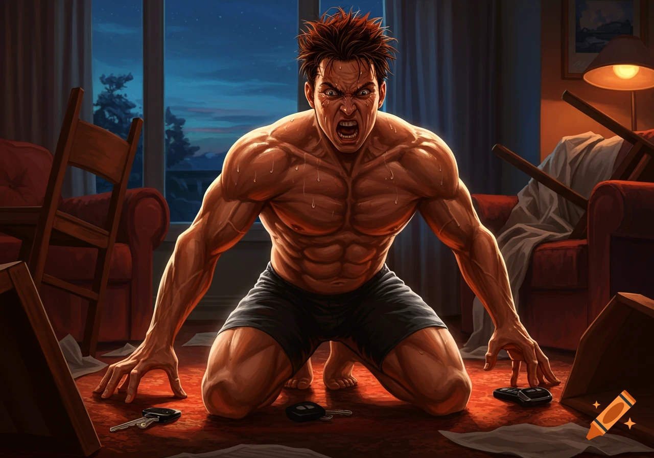 A muscular, shirtless man with spiky hair kneels in a disheveled room, his face contorted in a scream of rage as he searches for car keys amidst overturned furniture.