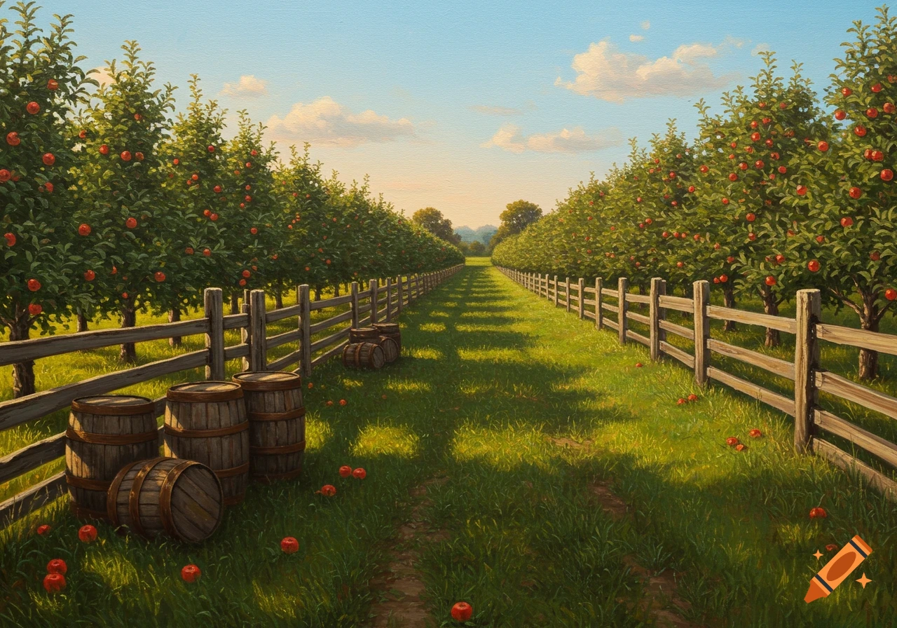 A painterly view of a sunlit apple orchard with rows of trees, a wooden fence, and wooden barrels along a grassy path.