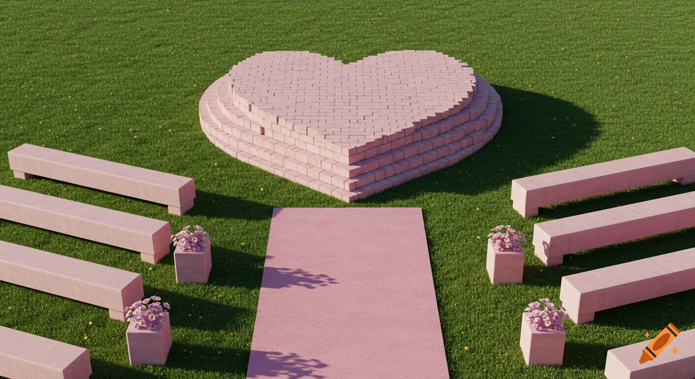 A heart-shaped brick platform with steps at the end of a pink carpet on a green lawn, surrounded by pink stone benches and flower pots.