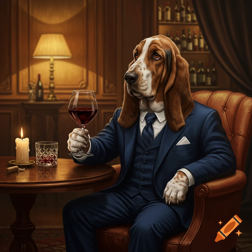 A basset hound in a blue suit holds a glass of red wine while sitting in a luxurious, dimly lit room.