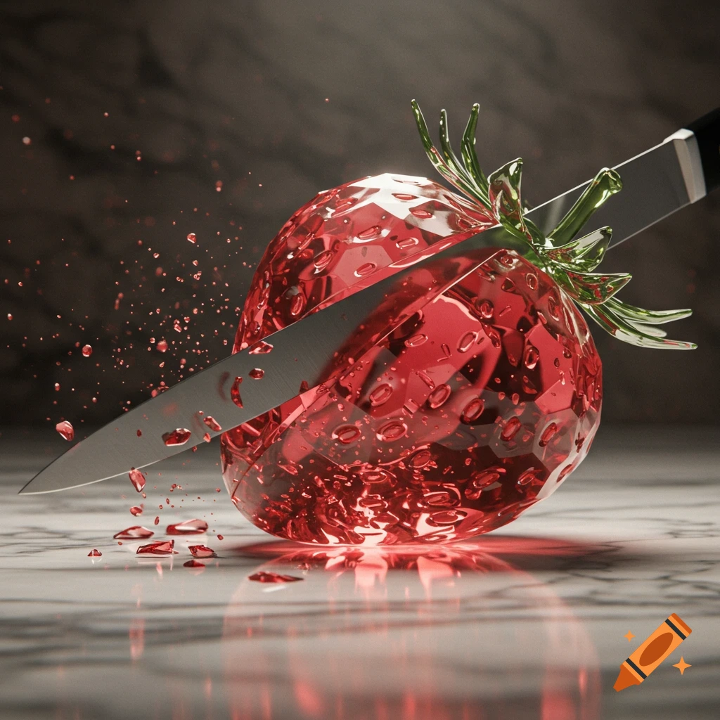 A photorealistic render of a red faceted glass strawberry being sliced by a metal knife, with glass shards scattering on a marble surface.