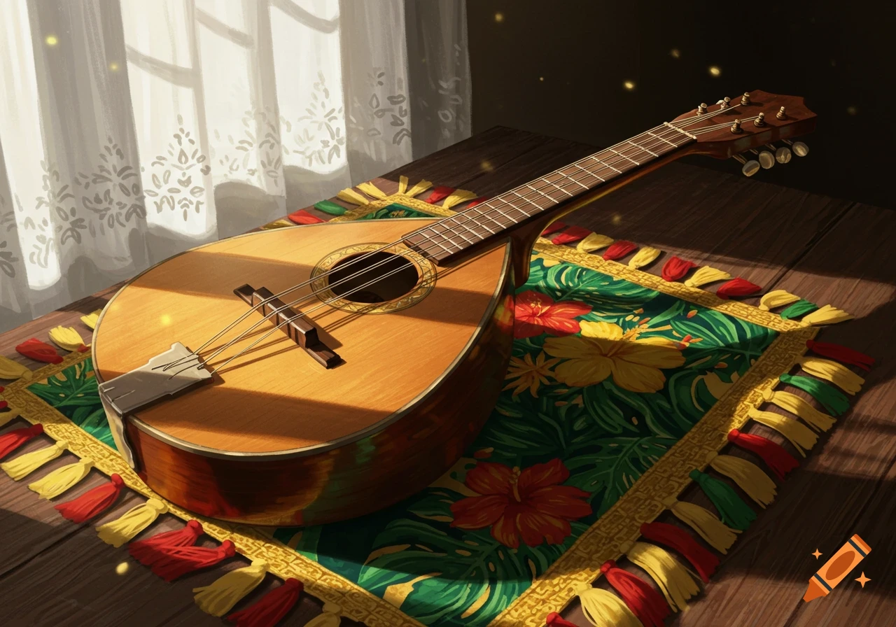 A mandolin rests on a vibrant, tasseled tablecloth by a sunlit window with white curtains, in a painterly style.