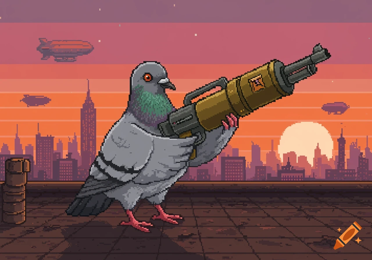 Pixel art of a pigeon holding a bazooka on a rooftop overlooking a city skyline at sunset with blimps in the sky.