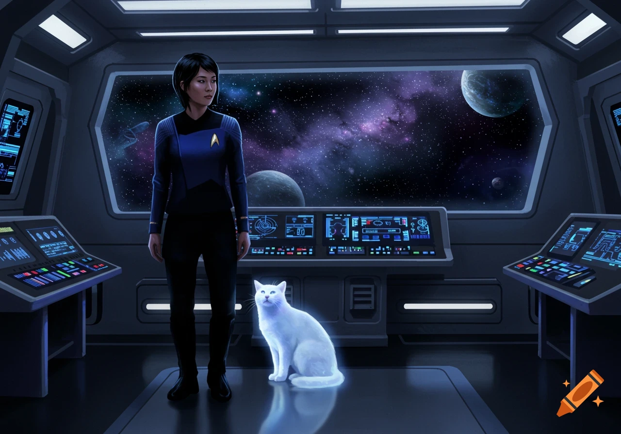 A woman in a Starfleet uniform and a glowing white cat stand on a spaceship bridge, looking out at planets and a nebula in space.