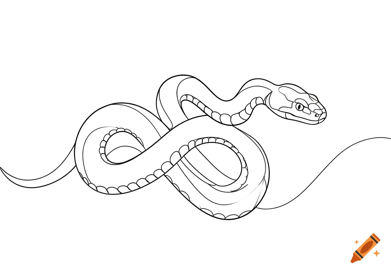 A black and white line drawing of a coiled snake with scales, looking to the right.