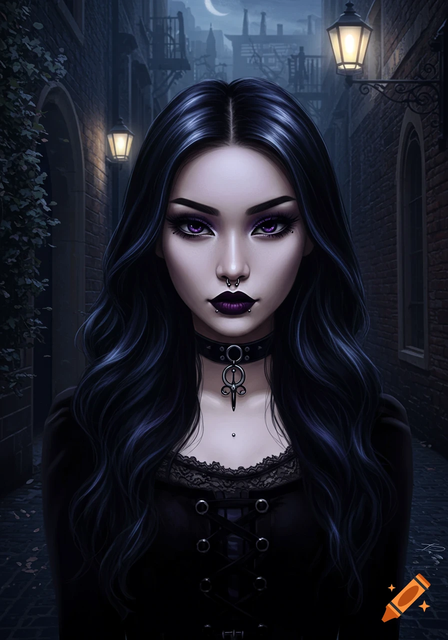 Digital art portrait of a goth girl with dark purple eyes, black hair, septum piercing, and a choker in a moody alley.