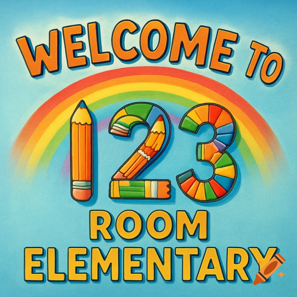 A colorful welcome sign for a school featuring the text "WELCOME TO 123 ROOM ELEMENTARY" with numbers stylized as pencils, set against a blue background with a rainbow.