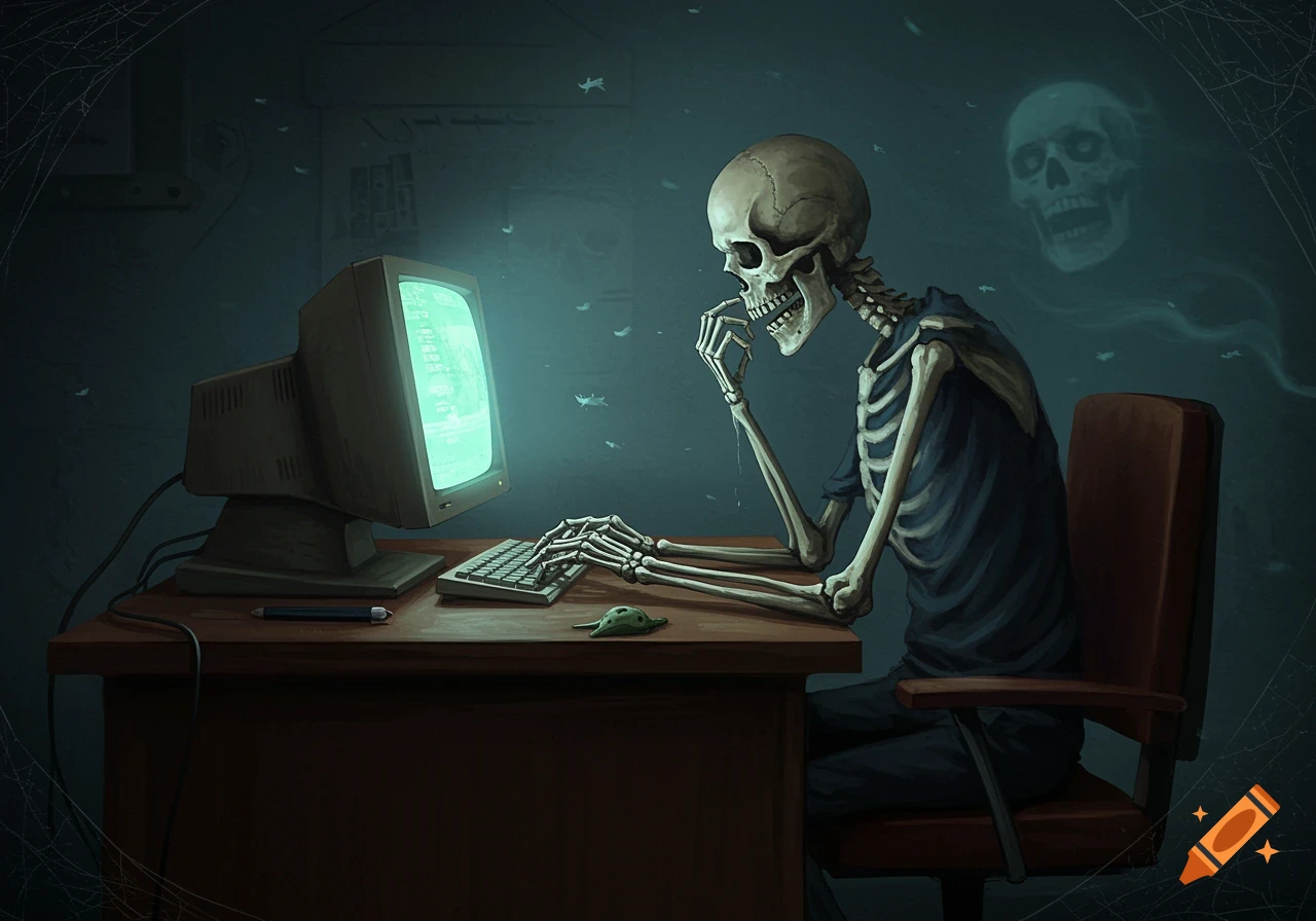 A skeleton wearing a shirt sits at an old computer, typing, with a ghostly skull floating behind it in a dark, web-filled room.