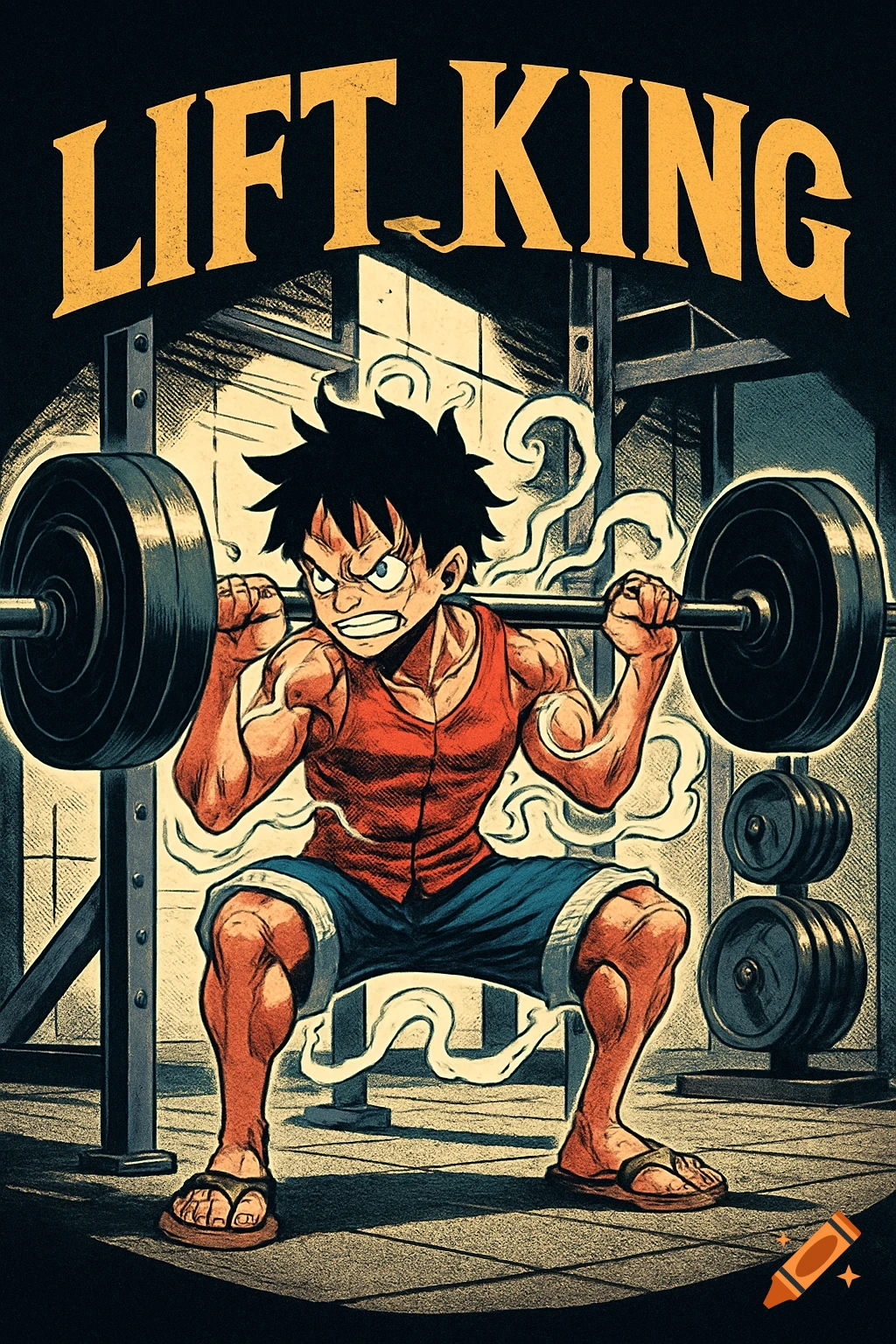 Anime character Luffy squatting a barbell in a gym with steam effects, text 'LIFT KING' above, in a bold comic book style.