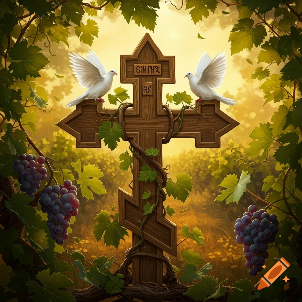 An Orthodox wooden cross with doves and grapevines in a lush, sunlit natural setting.