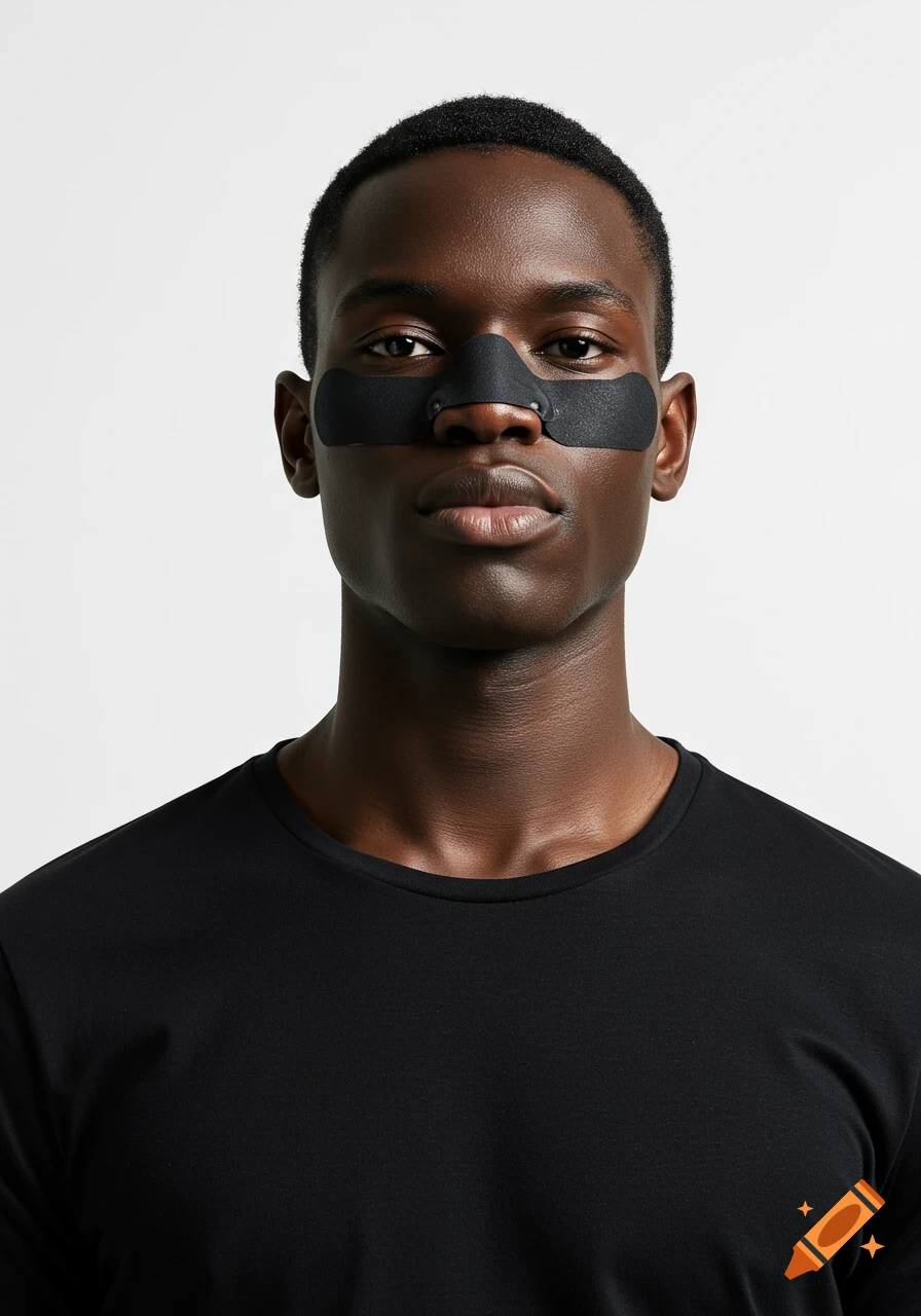 Studio portrait of a dark-skinned man in a black t-shirt, wearing black tapes across his nose and mouth, against a white background.