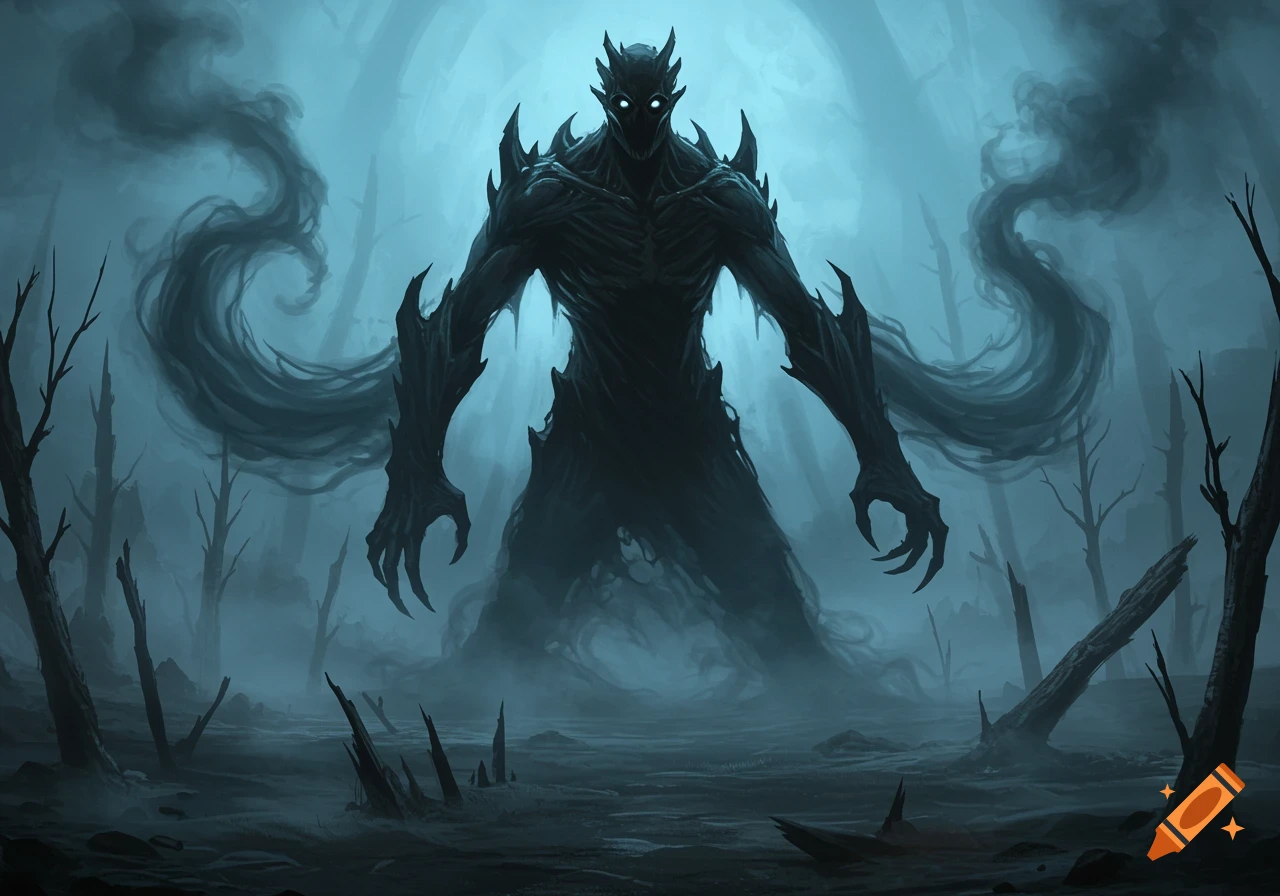 A tall, shadowy monster with glowing eyes and sharp features stands in a dark, misty, desolate forest.