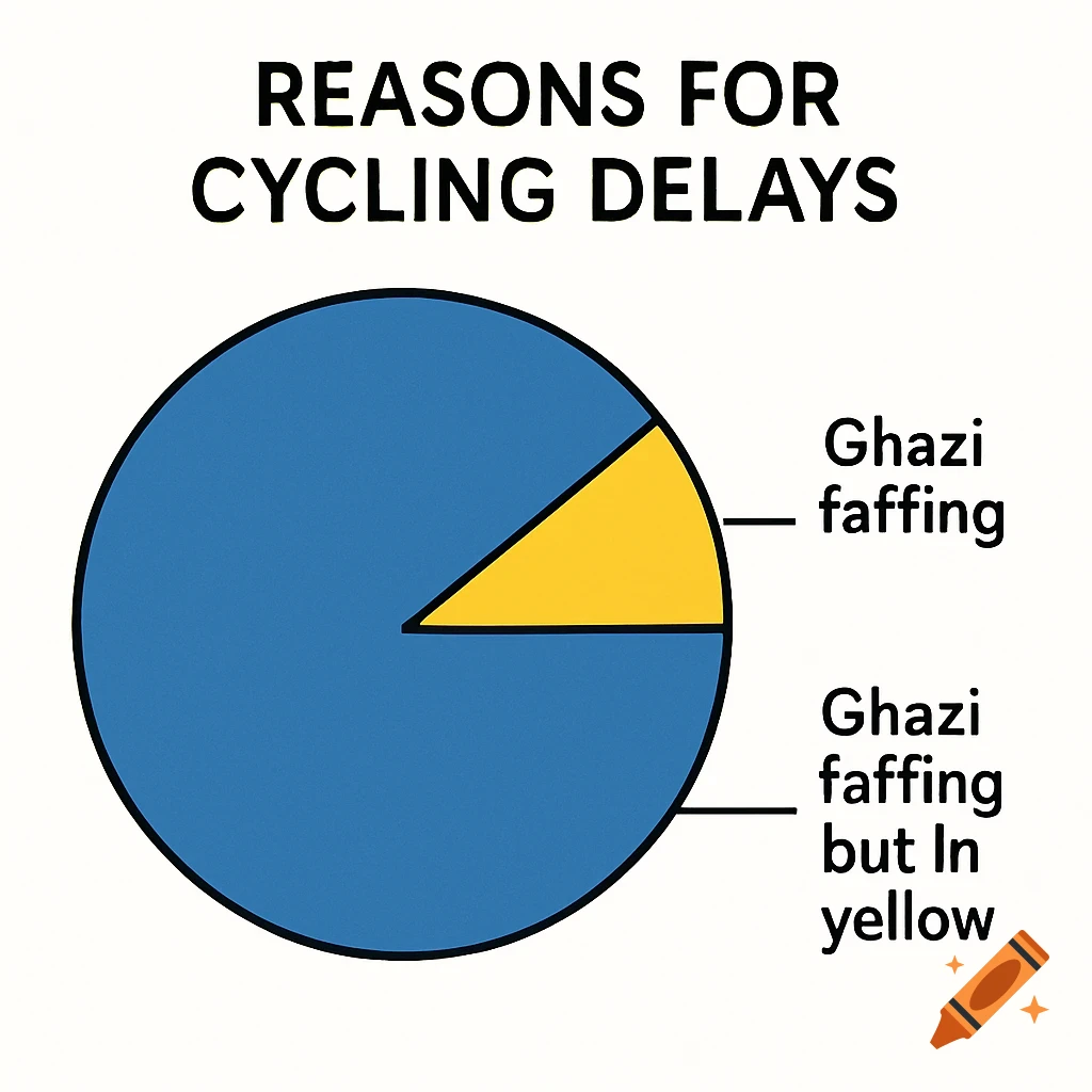 A pie chart titled 'Reasons for cycling delays' with a large blue section labeled 'Ghazi faffing' and a smaller yellow section labeled 'Ghazi faffing but In yellow'.