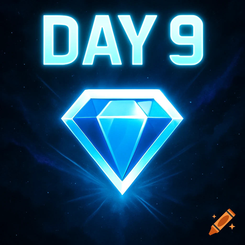 A glowing blue diamond icon with the text 'DAY 9' above it, set against a dark, starry background in a graphic art style.