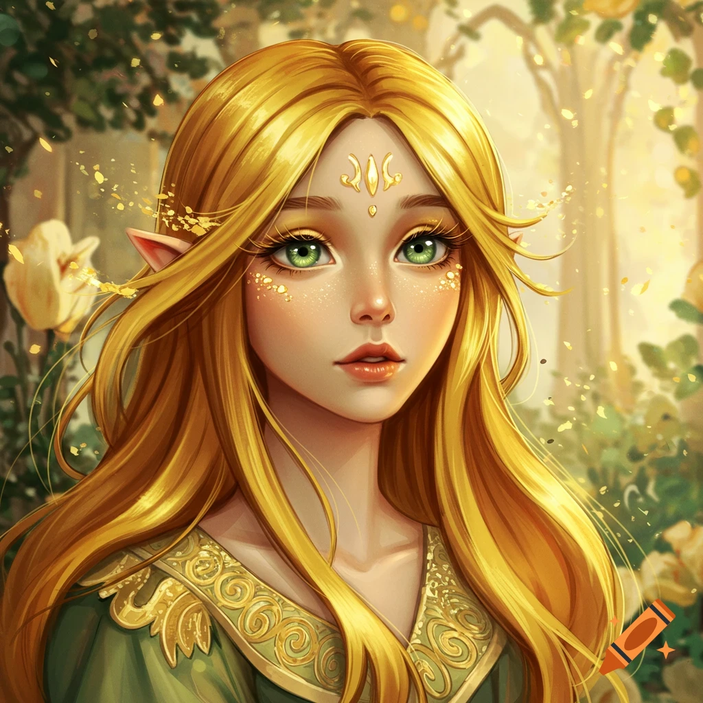 A golden-haired elf girl with bright green eyes and pointed ears, adorned with golden facial glitter and a golden forehead emblem, set in a mystical forest.