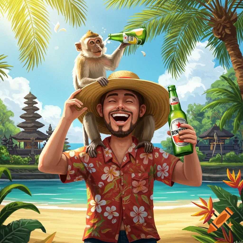 A smiling man on a tropical beach in Bali with a monkey on his shoulders holding a beer bottle, illustrated.