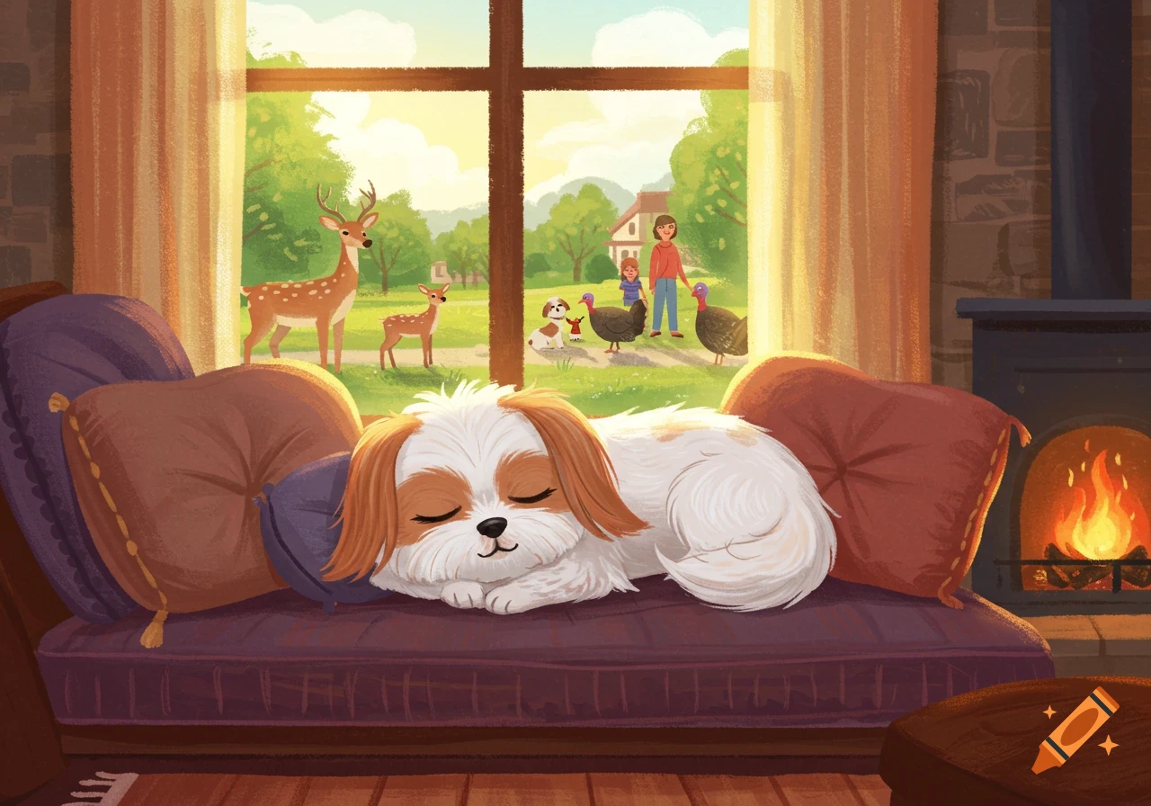 A cute 2D cartoon illustration of a sleeping Shih Tzu dog on a window seat, with deer, turkeys, and people outside. A cozy fireplace glows.