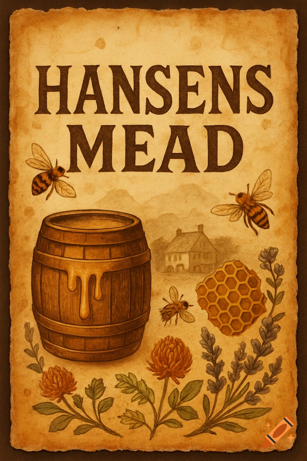 A vintage, hand-drawn mead label featuring 'Hansens Mead' text, a honey-dripping barrel, bees, honeycomb, clover, and lavender on aged parchment.