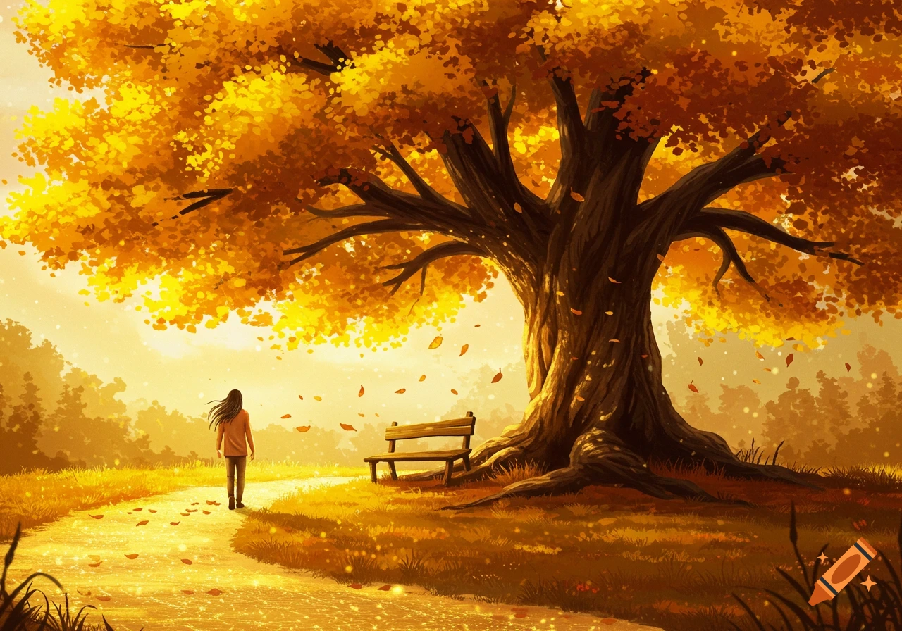 A stylized illustration of a person walking on a path towards a bench under a large tree with vibrant yellow and orange autumn leaves in a golden-lit park.