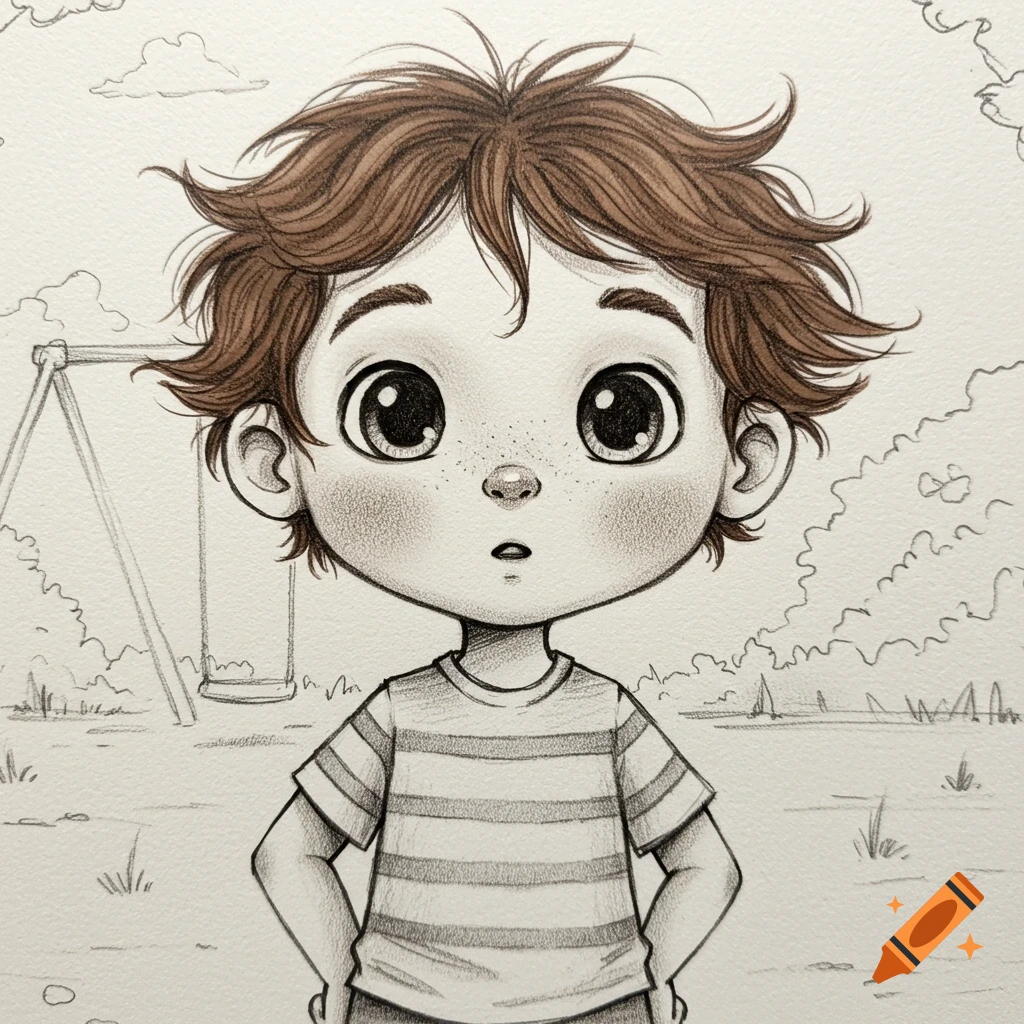 Pencil sketch of a wide-eyed cartoon boy with messy brown hair, wearing a striped shirt, standing in a park with a swing set.