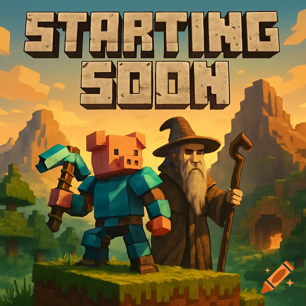 A vibrant Minecraft-style 'Starting Soon' screen featuring a blocky pig adventurer with a pickaxe and a wizard with a staff on a cliff.