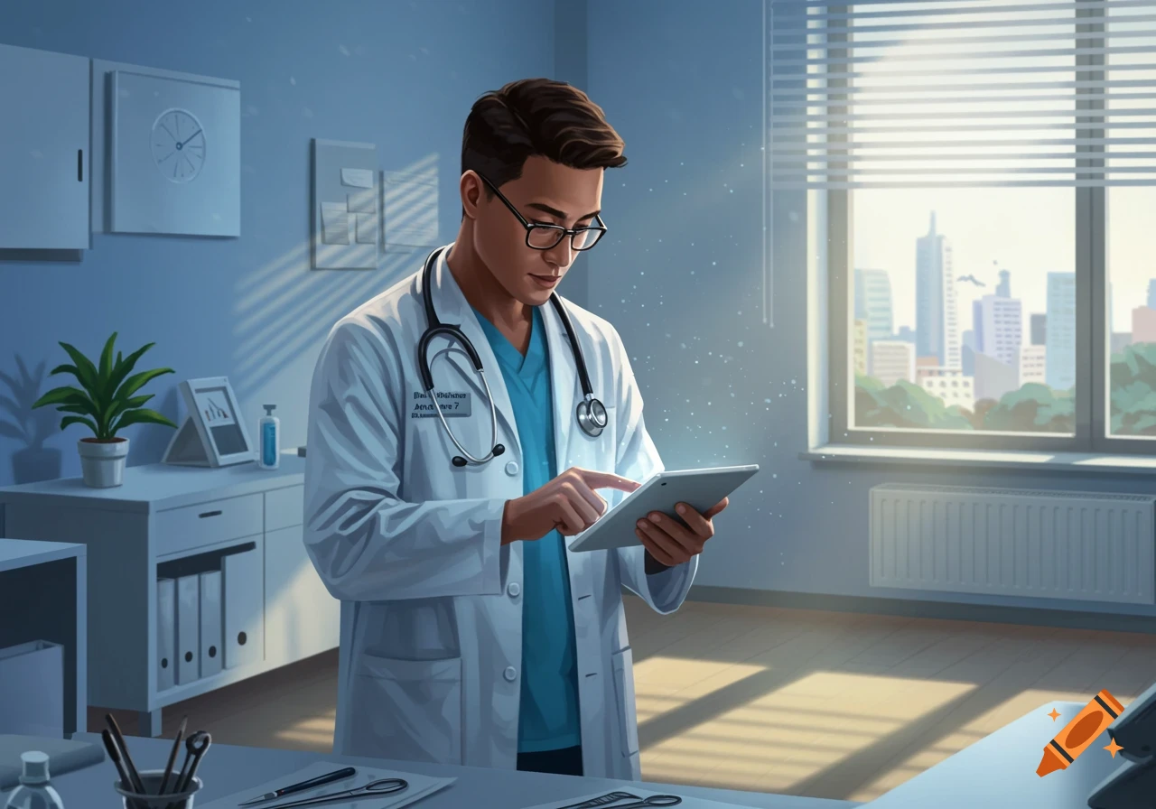 A male doctor in a white coat and scrubs uses a tablet in a well-lit office with a cityscape view, digital illustration.