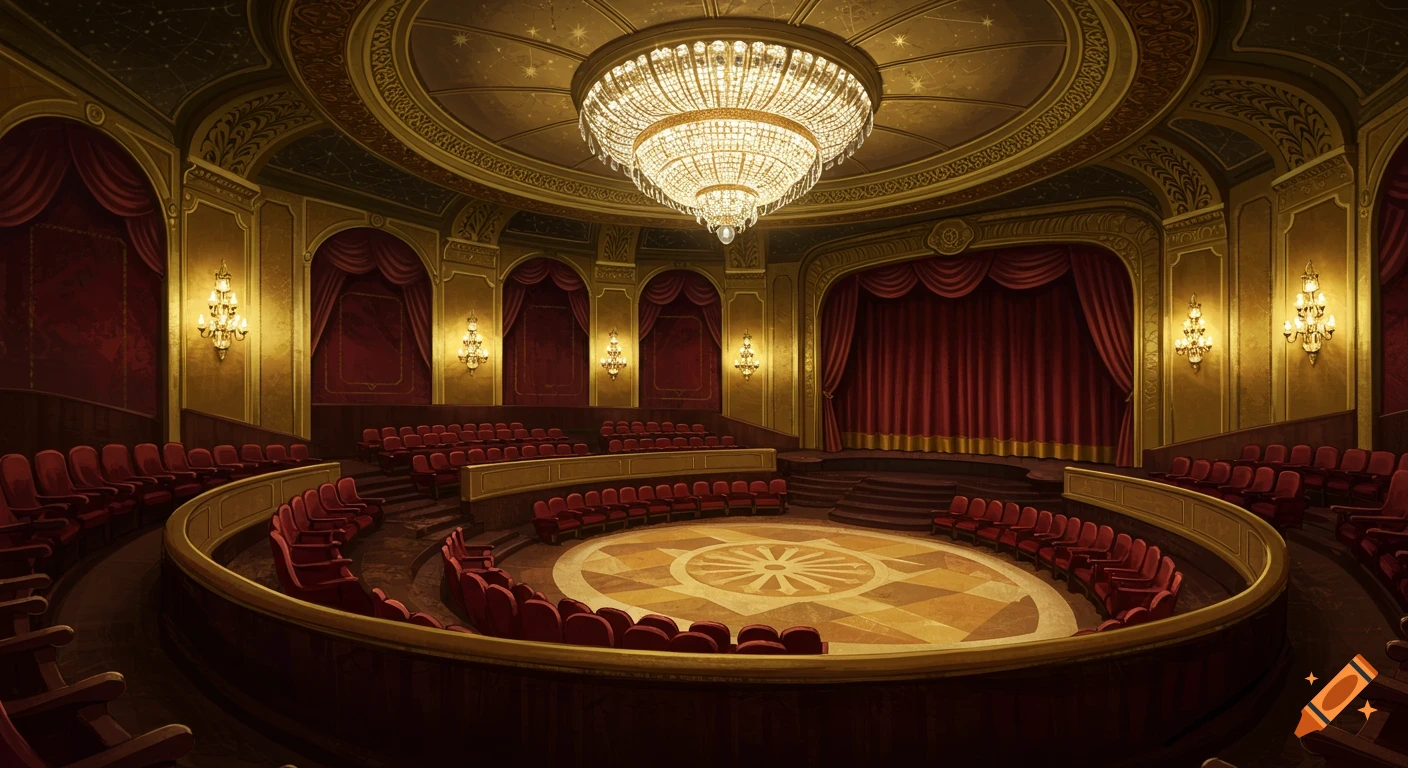 A luxurious, empty, ornate theater with red velvet seats, a grand stage, and a large sparkling chandelier.