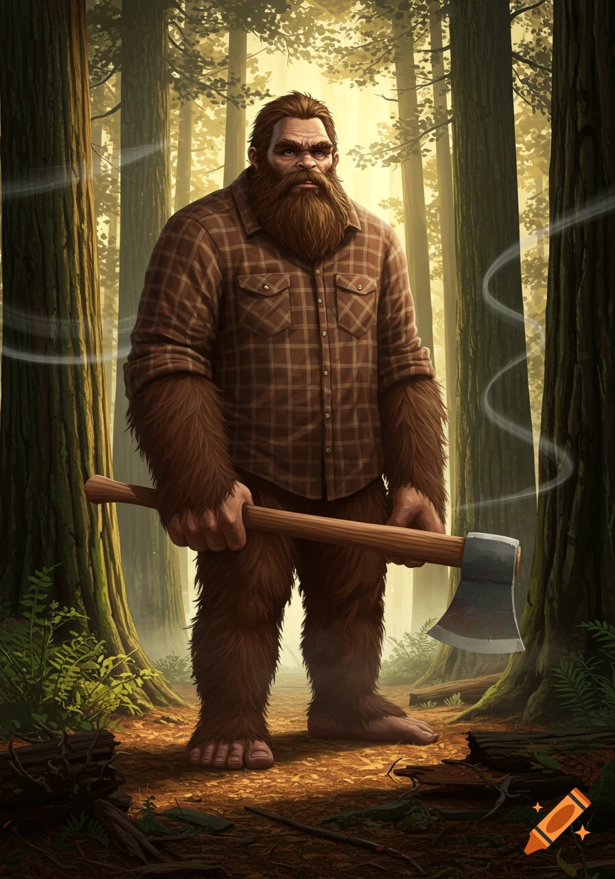 A muscular, furry Bigfoot wearing a plaid shirt holds an axe in a sunlit forest.