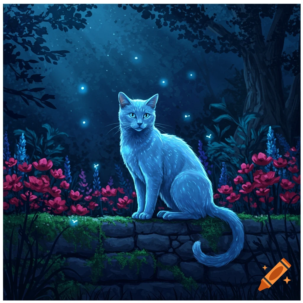 A blue cat sits on a mossy stone wall in a moonlit forest with red and blue flowers and glowing fireflies. Illustrated fantasy style.