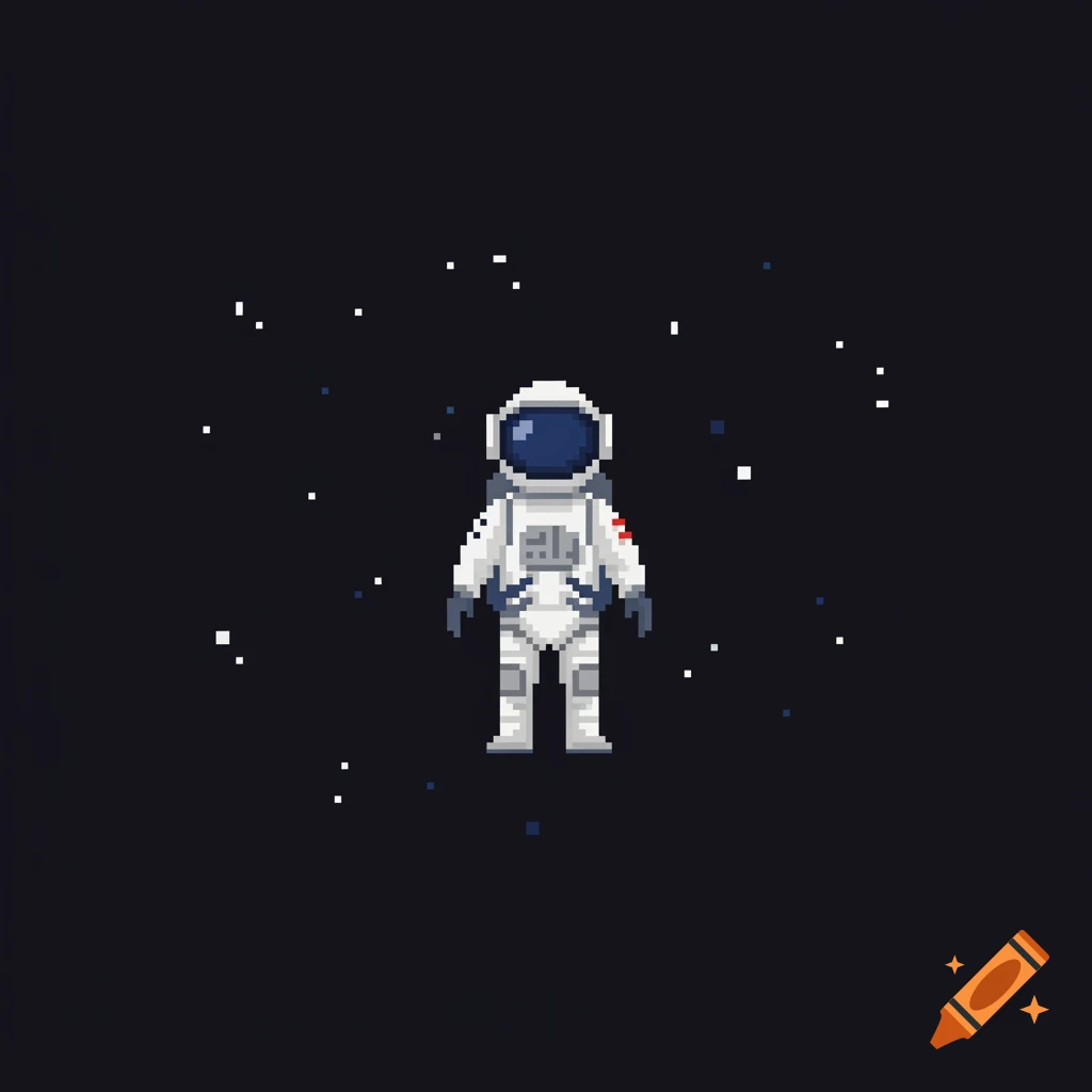 A pixel art astronaut floats in the dark expanse of space, surrounded by scattered white and blue pixels representing stars.