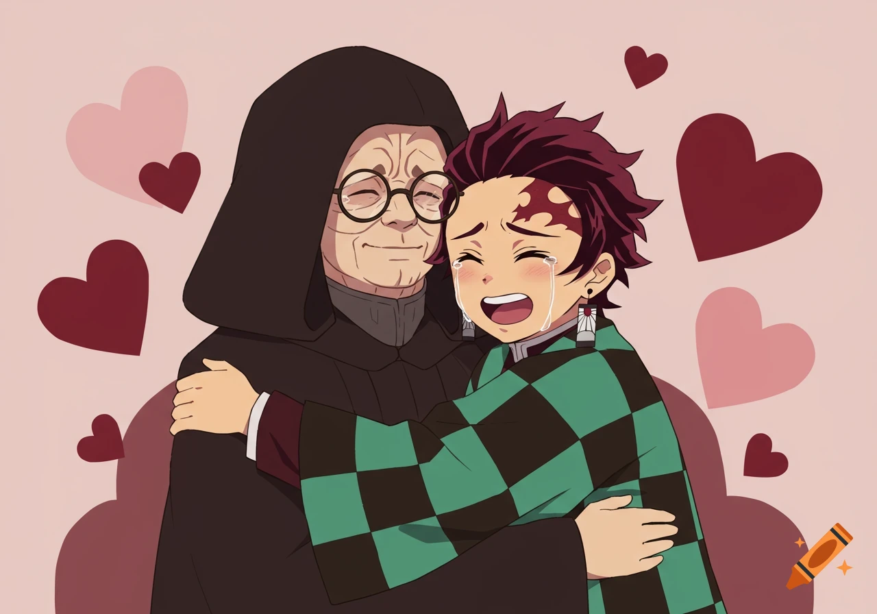 Emperor Palpatine wearing glasses hugs a crying Tanjiro Kamado, surrounded by hearts, in an anime style illustration.